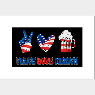 Peace Love Merica 4th of July American Flag Posters and Art